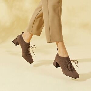 Vivaia Block Heel Knit Ankle Booties Lace Up Square Toe Brown Size 9.5‎ EUR 41